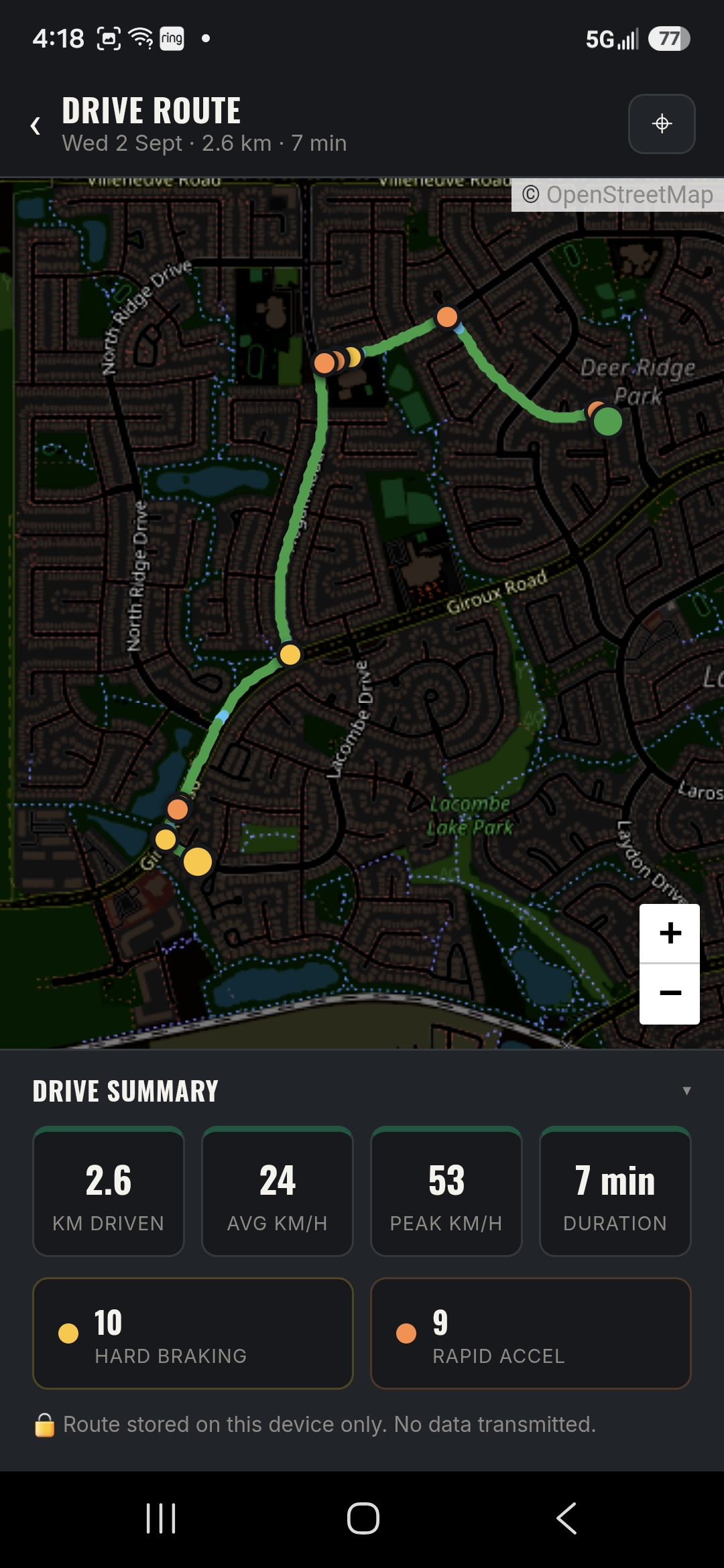GPS drive route with distance, duration and driving events