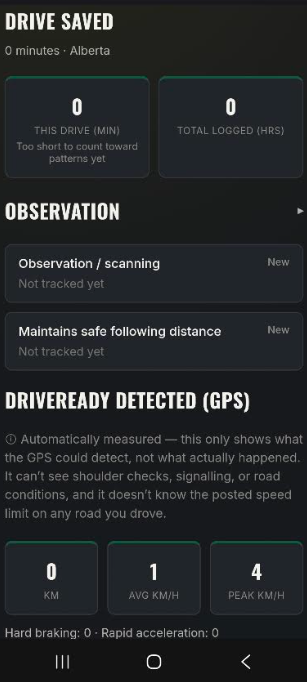 Drive Saved summary showing drive time, distance, observation skills practised and GPS-detected speed