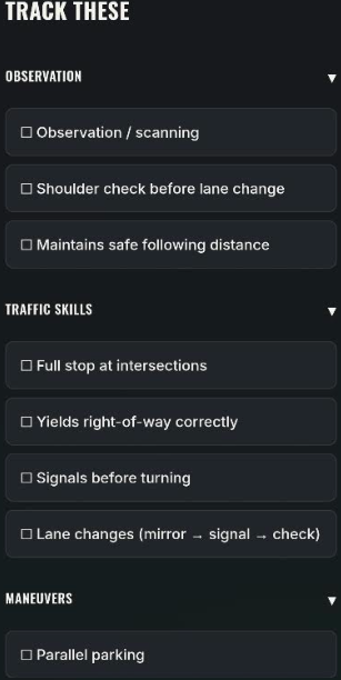 Supervised Drive Track These checklist showing Observation, Traffic Skills and Maneuvers