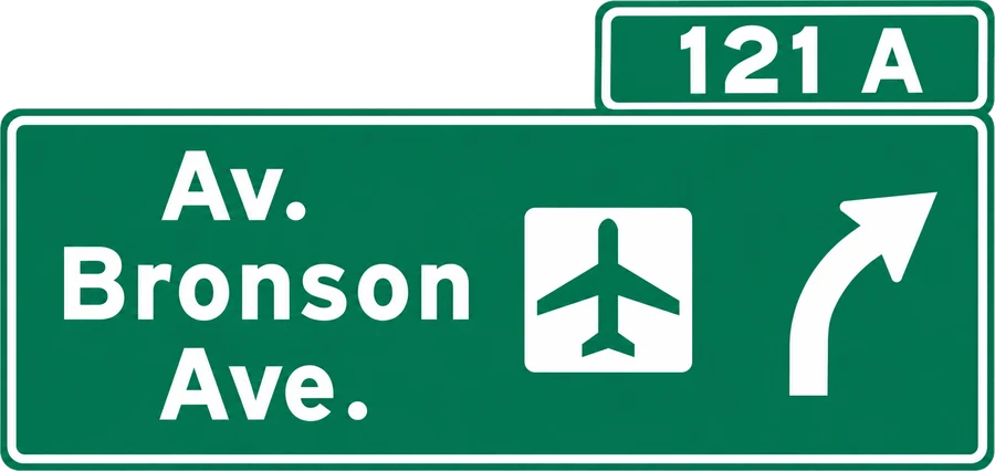 Green freeway exit sign: exit 121 A, Bronson Ave., with an airport symbol and a curved arrow to the right