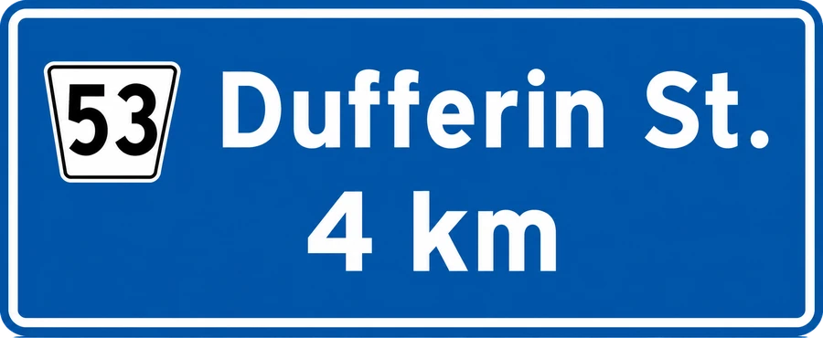 Blue guide sign: route 53 marker, Dufferin St., 4 km
